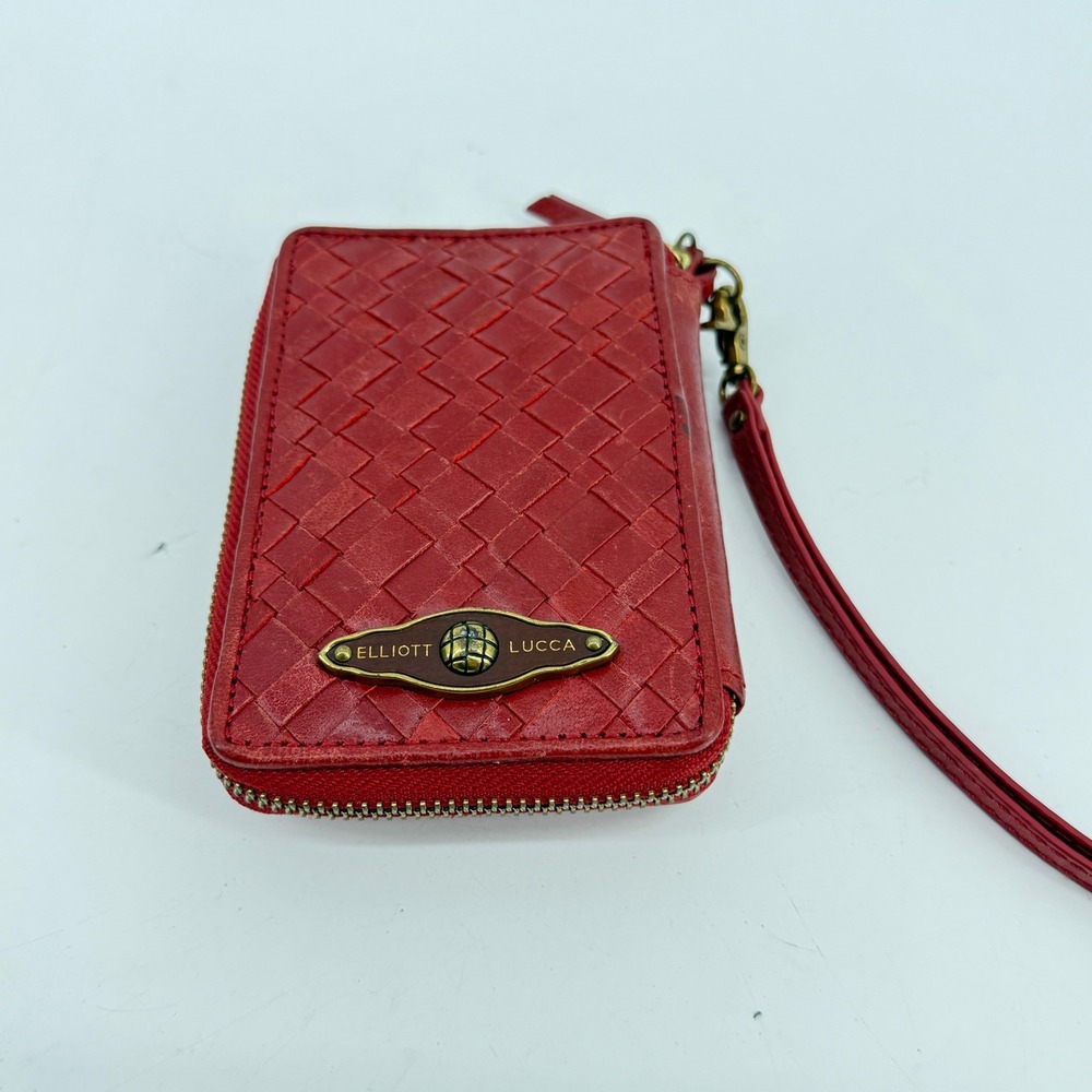 Elliott Lucca Wristlet Wallet Womens Small Red Woven Leather Zip Around Pocket
